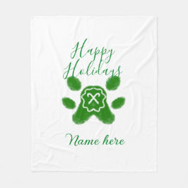 Happy holidays green dog pet paw candy cane animal フリースブランケット