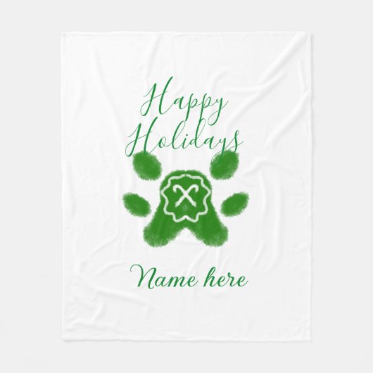 Happy holidays green dog pet paw candy cane animal フリースブランケット (正面)