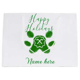 Happy holidays green dog pet paw candy cane animal ラージペーパーバッグ