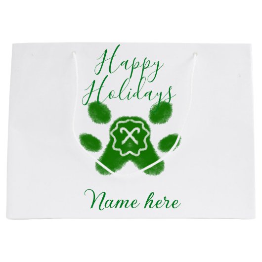Happy holidays green dog pet paw candy cane animal ラージペーパーバッグ (正面)