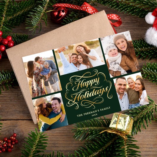 Happy Holidays Green & Gold 5 Photo Collage Card シーズンカード