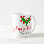 Happy holidays green red couple name green leaf コーヒーマグカップ (正面右)