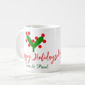 Happy holidays green red couple name green leaf コーヒーマグカップ (正面左)