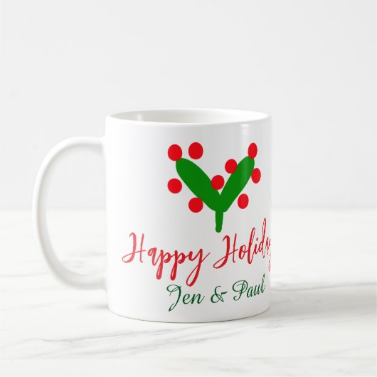 Happy holidays green red couple name green leaf コーヒーマグカップ (左)