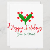 Happy holidays green red couple name green leaf シーズンカード (正面/裏面)