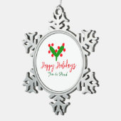 Happy holidays green red couple name green leaf スノーフレークピューターオーナメント (右)