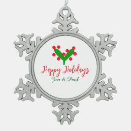 Happy holidays green red couple name green leaf スノーフレークピューターオーナメント