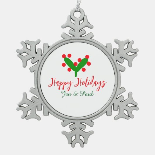 Happy holidays green red couple name green leaf スノーフレークピューターオーナメント (正面)
