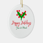 Happy holidays green red couple name green leaf セラミックオーナメント (右)