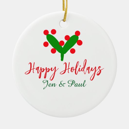 Happy holidays green red couple name green leaf セラミックオーナメント (正面)