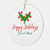 Happy holidays green red couple name green leaf セラミックオーナメント (左)