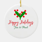 Happy holidays green red couple name green leaf セラミックオーナメント (裏面)