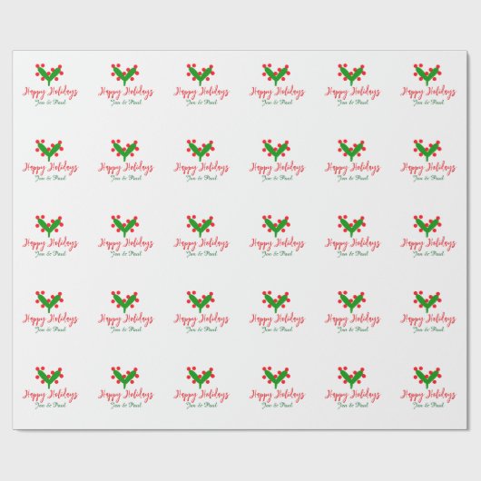 Happy holidays green red couple name green leaf ラッピングペーパー (フラット)