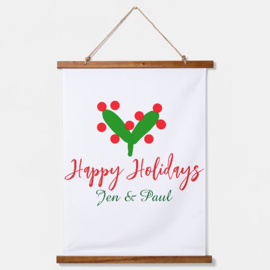 Happy holidays green red couple name green leaf 吊り下げ型タペストリー (正面)