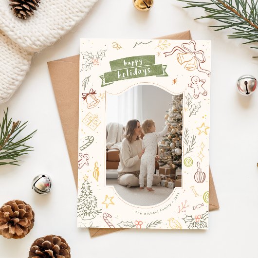Happy Holidays Hand Drawn Family Christmas Photo シーズンカード