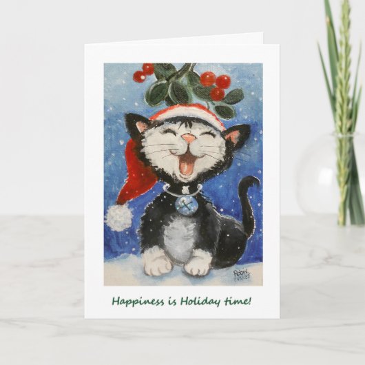 Happy Holidays!, Happy cat under mistletoe カード (正面)