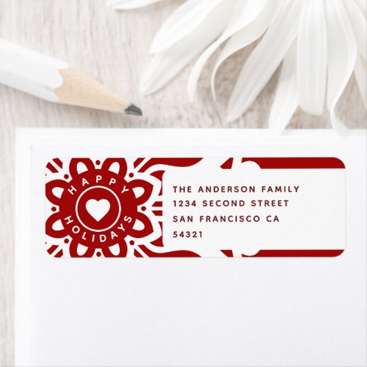 Happy Holidays Heart Snowflake Red White ラベル (インサイチュ)