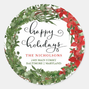 Happy Holidays Holly Wreath Return Address ラウンドシール