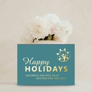 Happy holidays logo business turquoise gold foil 箔シーズンカード