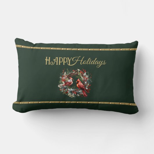 Happy Holidays Lumbar Pillow with Cardinal Wreath ランバークッション (正面)