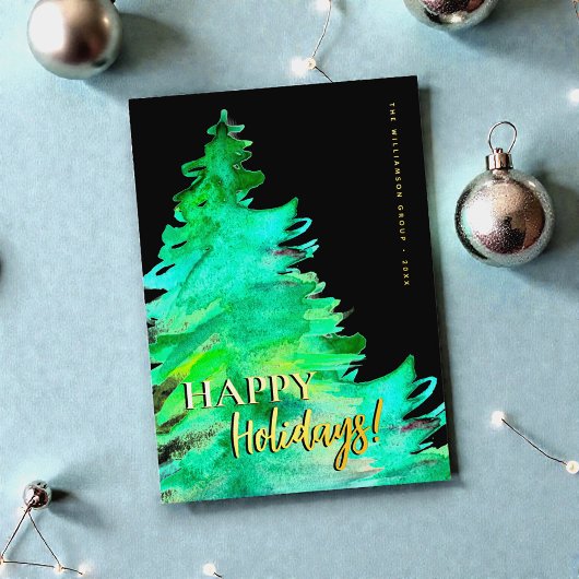 Happy Holidays Minimal Pine watercolor Business 箔シーズンカード
