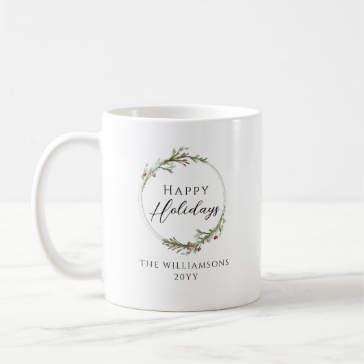 Happy Holidays Minimalist Family Name Wreath コーヒーマグカップ (左)