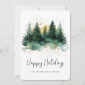 Happy Holidays Modern Green Gold Script Business シーズンカード (正面)