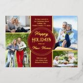 Happy Holidays New Home 4 Photo Red and Gold 箔シーズンカード (正面)