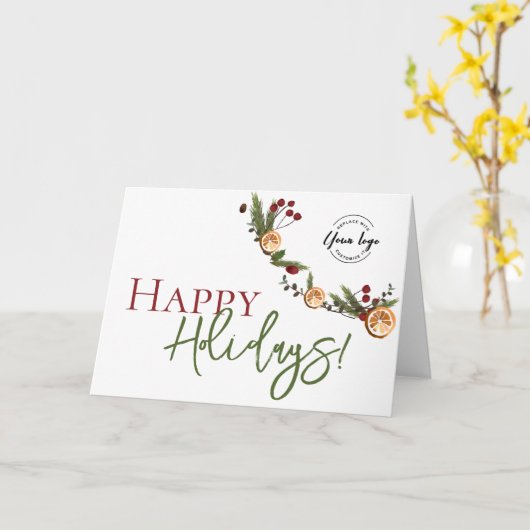 Happy Holidays Oranges wreath leaves Custom Logo  カード (黄色い花)