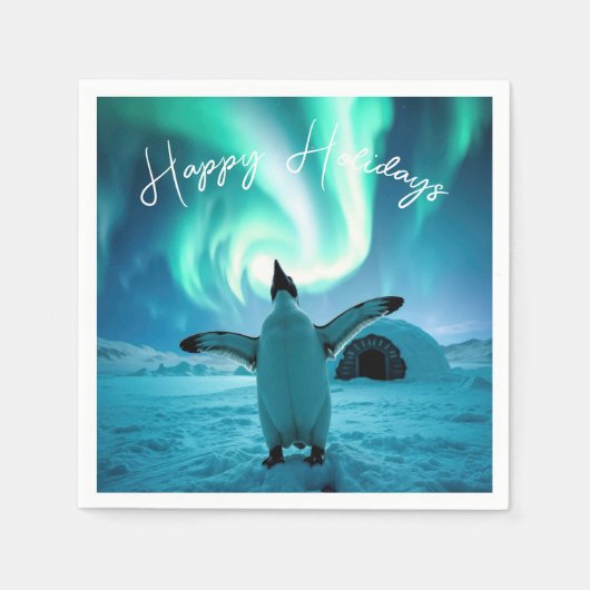 Happy Holidays Penguin Under Northern Lights スタンダードカクテルナプキン (正面)