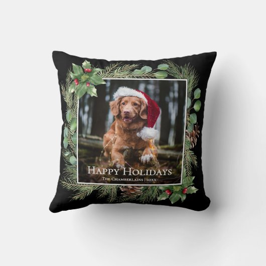 Happy Holidays Pet Photo Wreath Greenery クッション (裏面)