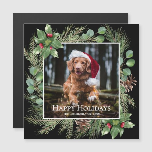 Happy Holidays Pet Photo Wreath Magnetic Card (正面/裏面)