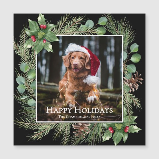 Happy Holidays Pet Photo Wreath Magnetic Card (正面)