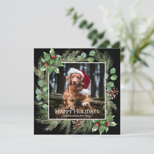 Happy Holidays Pet Photo Wreath Square Card (スタンド正面)