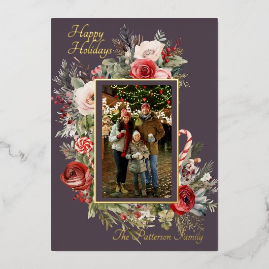 Happy Holidays Photo Floral Foil Holiday Card 箔シーズンカード (正面)