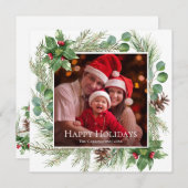 Happy Holidays Photo Greenery Square シーズンカード (正面/裏面)