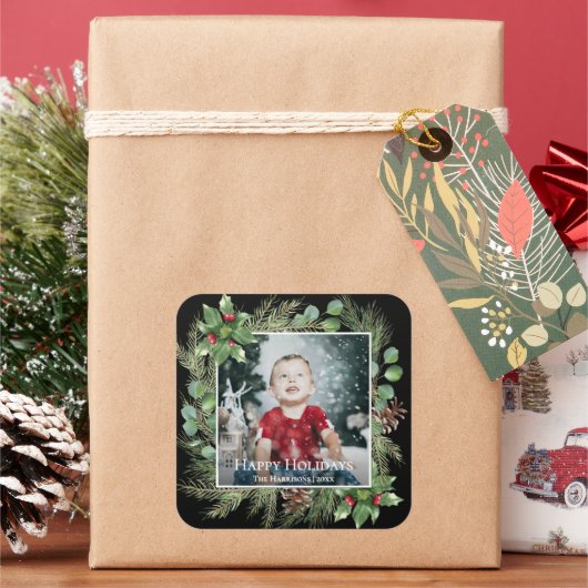 Happy Holidays Photo Greenery Square スクエアシール (クリスマス)