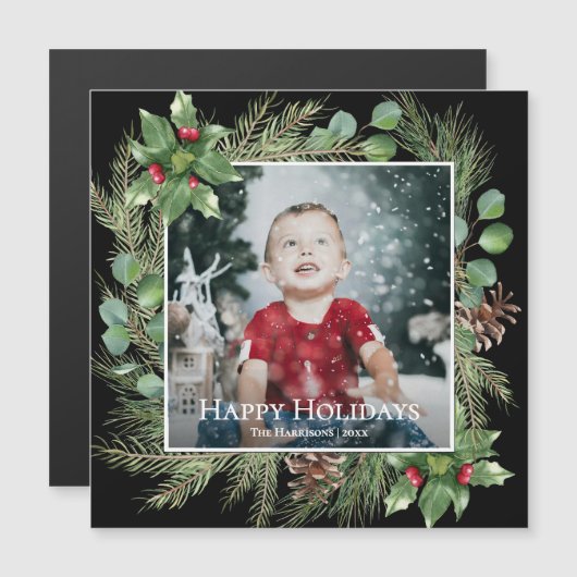 Happy Holidays Photo Greenery Square Magnetic Card (正面/裏面)