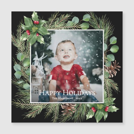 Happy Holidays Photo Greenery Square Magnetic Card (正面)
