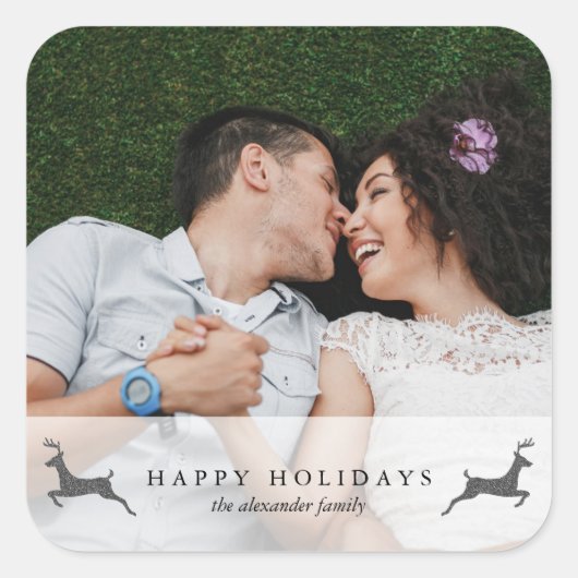 Happy Holidays Photo with Deer Sticker スクエアシール (正面)
