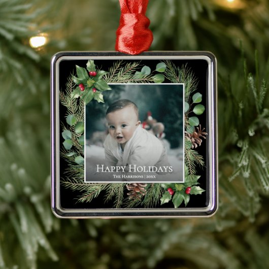 Happy Holidays Photo Wreath Botanical Christmas メタルオーナメント (ツリー)