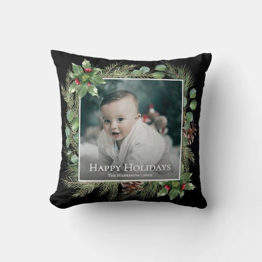 Happy Holidays Photo Wreath Greenery  クッション (正面)