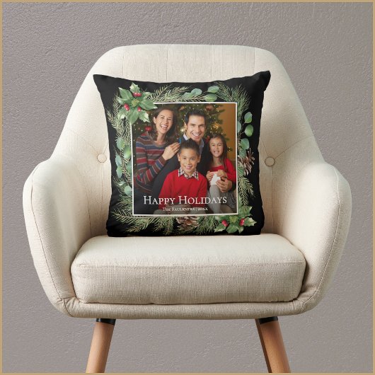 Happy Holidays Photo Wreath Greenery クッション