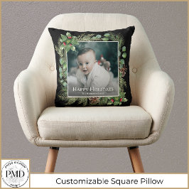 Happy Holidays Photo Wreath Greenery  クッション