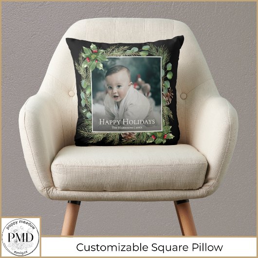 Happy Holidays Photo Wreath Greenery  クッション