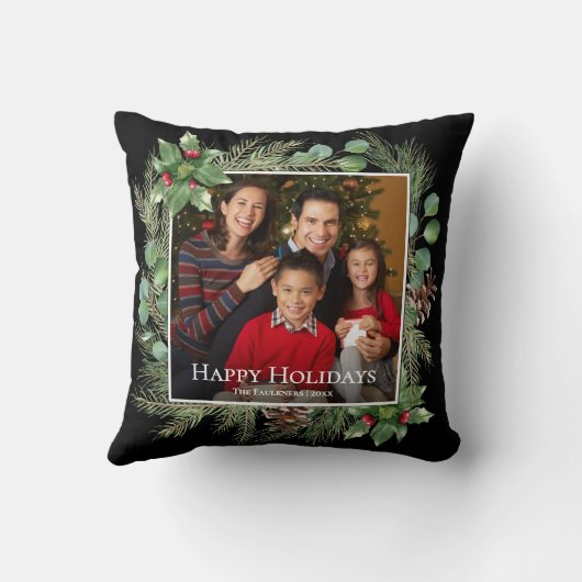Happy Holidays Photo Wreath Greenery クッション (裏面)