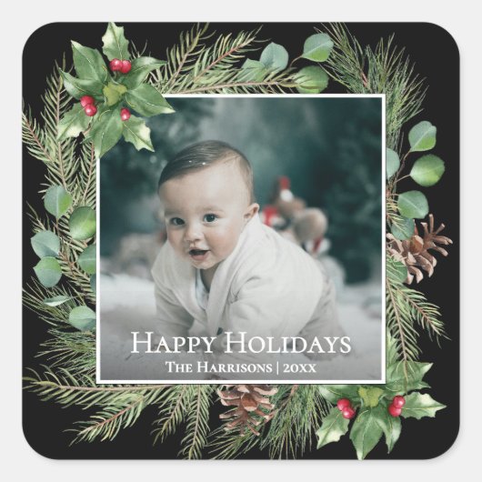 Happy Holidays Photo Wreath Greenery スクエアシール (正面)