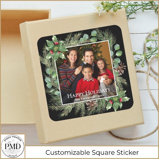 Happy Holidays Photo Wreath Greenery  スクエアシール