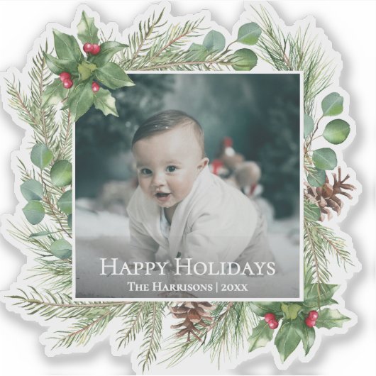 Happy Holidays Photo Wreath Greenery Christmas シール (正面)