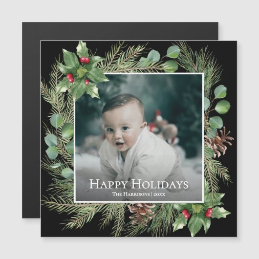 Happy Holidays Photo Wreath Greenery Magnetic Card (正面/裏面)